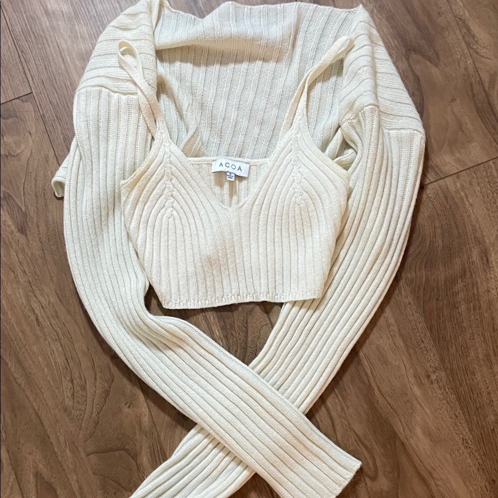 Cream Ribbed Knit Crop Top - Picture 2 of 2